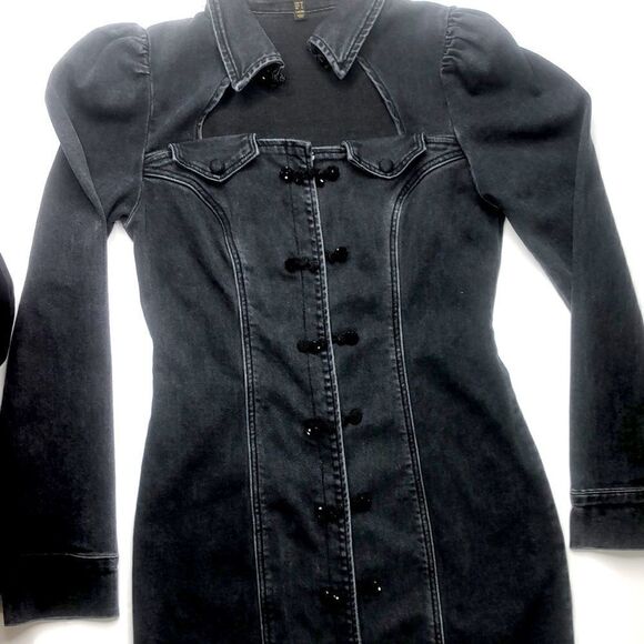 Urban Revivo Black Denim Long Jacket | Button Front | Size M (US 8) - Picture 6 of 15